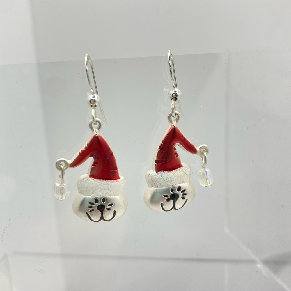 Santa Hat Cat Silver-Tone Enamel Pierced Earrings